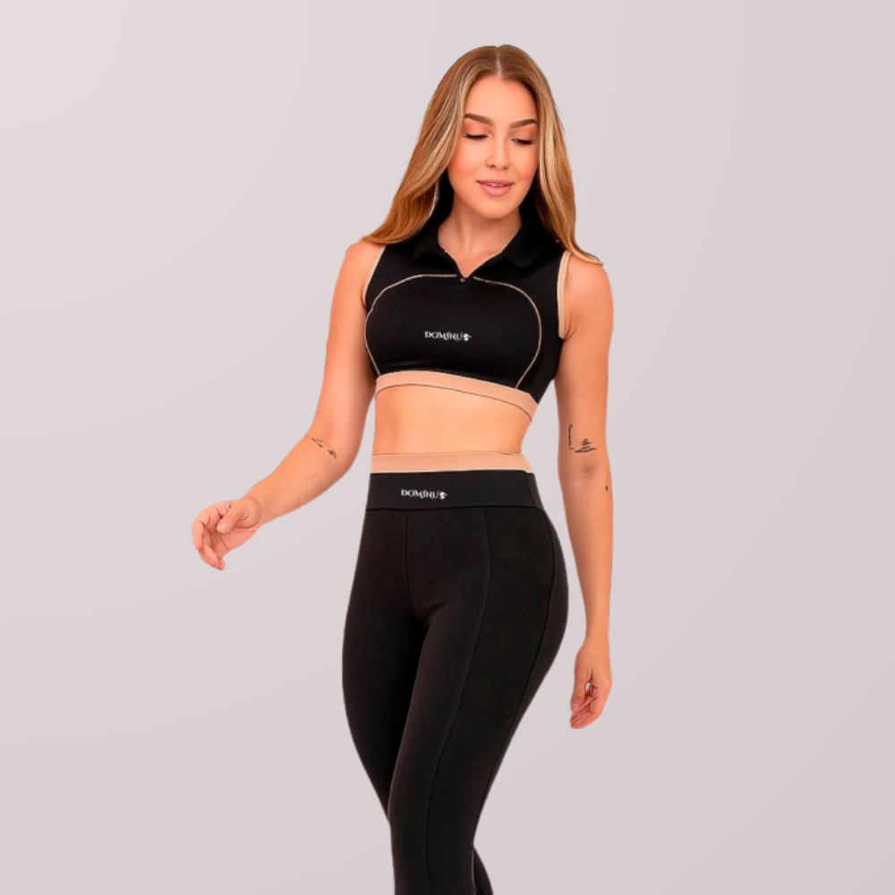 Conjunto Legging Feminino Dominus Preto com Detalhes em Nude